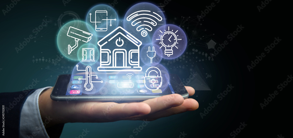 Poster businessman holding smart home interface with icon, stats and data 3d rendering