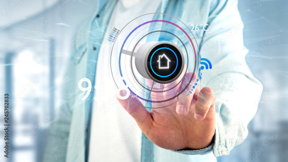 Poster businessman holding a button of a smart home automation app - 3d rendering