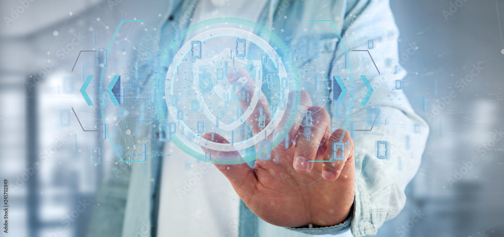 Poster man holding a shield web security concept 3d rendering