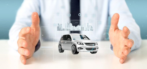 Businessman holding Dashboard smartcar interface with multimedia icon and city map on a background 3d rendering
