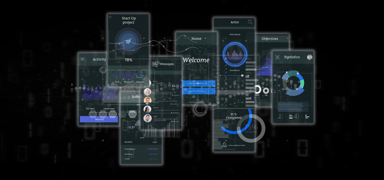 User interface screens with icon, stats and data 3d rendering