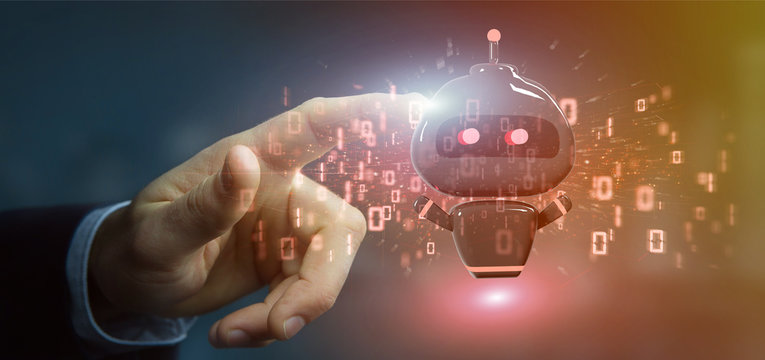 Businessman holding Virus chatbot with binary code 3d rendering