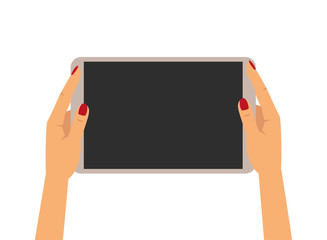 Hands holding tablet on white background.