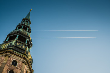 Spire of clock tower Saint Peter church, Riga, Latvia