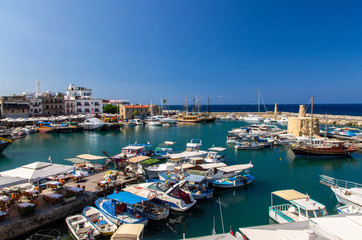 Fototapeta na wymiar Marina harbour and port with yachts in Kyrenia Girne, North Cyprus