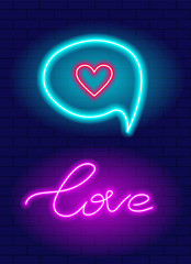 Vector neon hand drawn lettering love phrase. Pink glowing wire on dark brick background. Heart in a speech bubble. Valentine and love concept