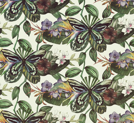 Tropical seamless pattern with banana leaves, orchid, hibiscus, tropical butterfly. Hand drawn watercolor illustration