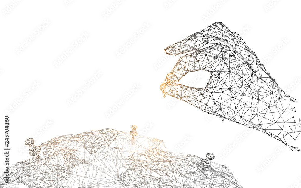 Aufkleber Hand with pin on the global map  from lines, triangles and particle style design. Illustration vector