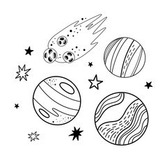 Vector illustration of planets, meteorites and stars. Doodle style. Monochrome