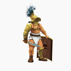 Gladiator murmillo getting ready to perform in the arena,  vector illustration.