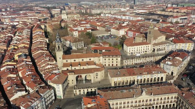 Aerial view of cityscape of Vitoria-Gasteiz, capital city of the Basque Autonomous Community, beautiful historic square Andre Maria Zuria/Virgen Blanca from above - landscape panorama of Spain, Europe