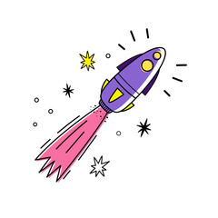 Vector illustration of space rocket and stars. Doodle style. Color. Space background