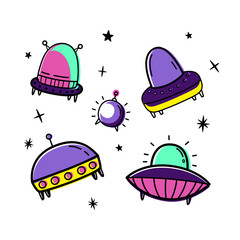 Vector set with space ships. Doodle style. Colored isolates. 5 objects and stars