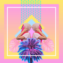 Contemporary art collage of mirrored dj girls with pink hair, palm trees and monstera leaves on...