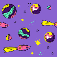 Color vector seamless pattern with space elements. Doodle style. Planets, meteorites, stars, rockets