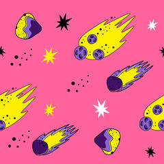 Color vector seamless pattern with space elements. Doodle style. Meteorites, stars, comets