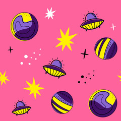 Color vector seamless pattern with space elements. Doodle style. Planets, stars, UFO