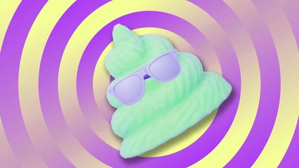Contemporary motion gif art. Pink unicorn poo emoji with sunglasses flys