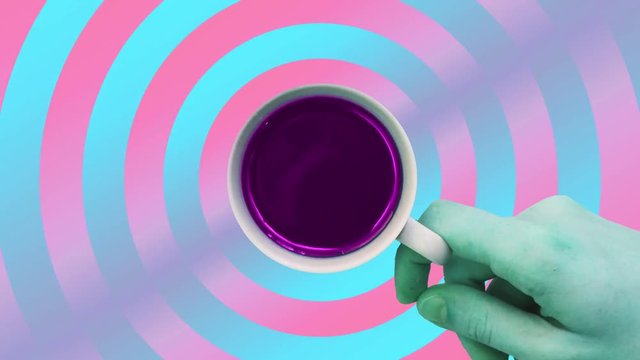 Contemporary motion gif art. Hand holds cup of coffee or tea and spinning.