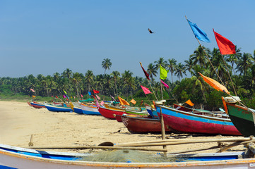 Small fishing boats in reggae colors on ocean beach seashore against blue sky. India, Goa,...