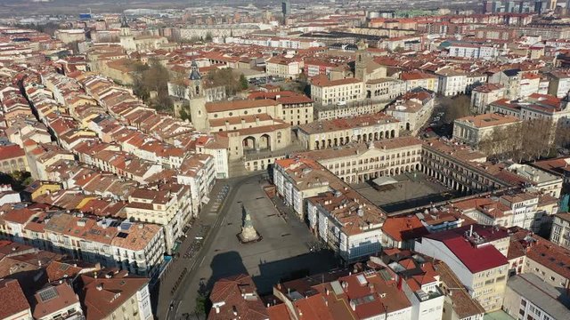 Aerial view of cityscape of Vitoria-Gasteiz, capital city of the Basque Autonomous Community, beautiful historic square Andre Maria Zuria/Virgen Blanca from above - landscape panorama of Spain, Europe