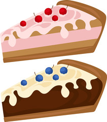 Sweet cake with cherry. Vector icon of sweet cake with jelly and souffle layers and raspberry jam. Set of cakes.