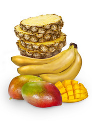 Group of tropical fruits. Sliced pineapple, bananas, mango on white isolated background