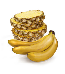 Sliced pineapple and bananas on white isolated background