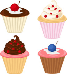 Sweet cake with cherry. Vector icon of sweet cake with jelly and souffle layers and raspberry jam. Set of cakes.