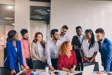 young diverse colleague respecting their female boss. positive collaborate people are acquainting...