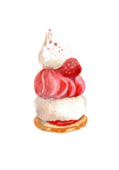 Delicious cake with meringue and raspberry. Hand drawn watercolor illustration isolated on white background