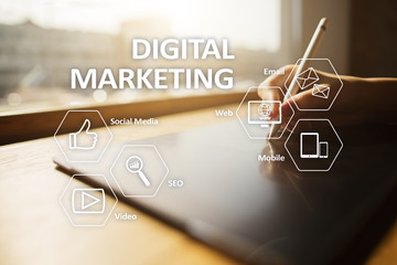 Digital marketing technology concept. Internet. Online. Search Engine Optimisation. SEO. SMM. Video...