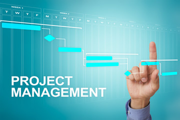 Project management concept, time and human resources, risks and quality and communication with icons on virtual screen.