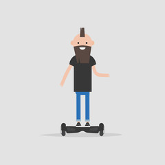 young character riding on hoverboard. Vector flat cartoon illustration