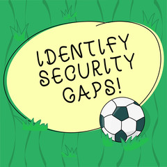 Word writing text Identify Security Gaps. Business concept for determine whether the controls in place are enough Soccer Ball on the Grass and Blank Outlined Round Color Shape photo