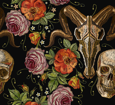 Embroidery gothic romanntic, bison buffalo skulls, human skull, red roses tribal seamless pattern, clothes t-shirt. Dia de muertos, day of the dead