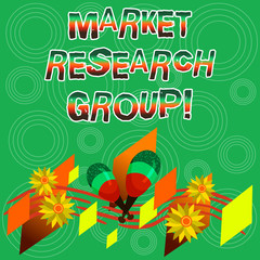 Writing note showing Market Research Group. Business photo showcasing gather information about target markets or customers Colorful Instrument Maracas Handmade Flowers and Curved Musical Staff