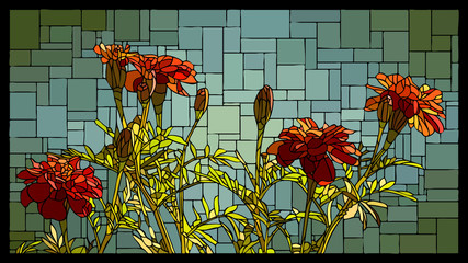 Vector stained glass window with blooming red marigolds. - 245711817