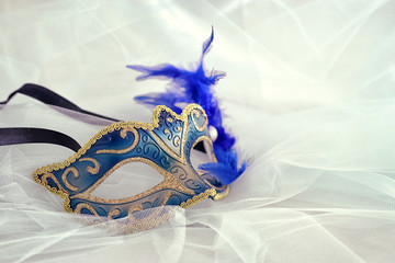 Photo of elegant and delicate silver and blue venetian mask over chiffon background.