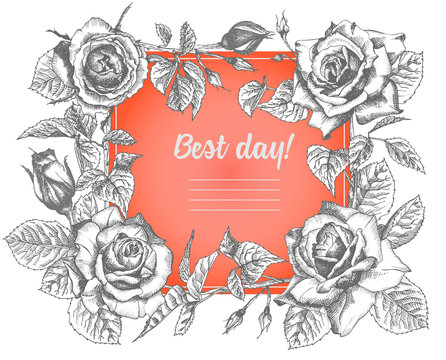 Rose flower sketch in engraving style and red heart on white.Vintage vector illustration valentines day card. Love background. Typography design