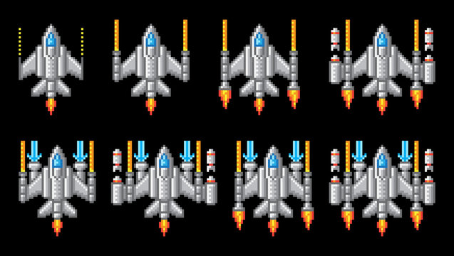 Space ship 8 bit pixel art video arcade game cartoon with lots of different weapon and engine upgrades