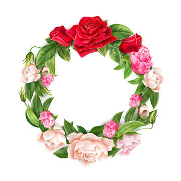 Vector realistic red rose peony elegant wreath
