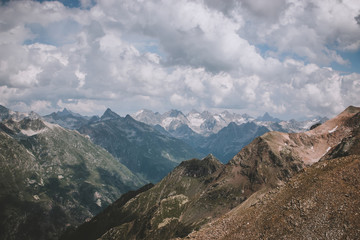 Closeup view mountains scenes in national park Dombai, Caucasus, Russia, Europe