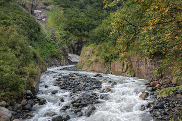 Closeup view river scenes in forest, national park Dombai, Caucasus, Russia
