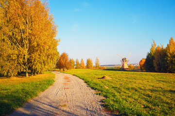 Scenic rural landscape. Autumn trees, dirt road and field.
