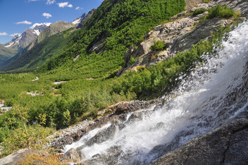 Waterfall scenes in mountains, national park Dombai, Caucasus, Russia, Europe