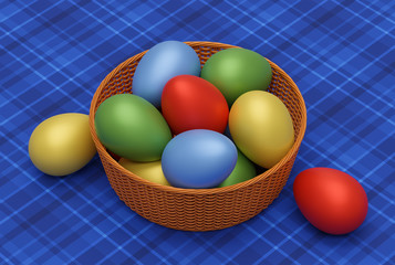 Easter eggs in wicker backet. Colorful eggs. 3d render