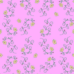 Plants and flowers. Seamless pattern. Hand drawing. Green plants with yellow flowers and red berries on pink background. Raster for textiles, clothes, dishes, packaging.