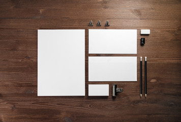 Blank stationery set on wooden background. Template for branding identity. For graphic designers portfolios. Flat lay.