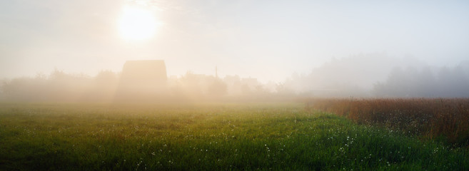 Field hiding in the fog. Foggy early morning. Silhouettes of trees in the morning mist. Panoramic shot.